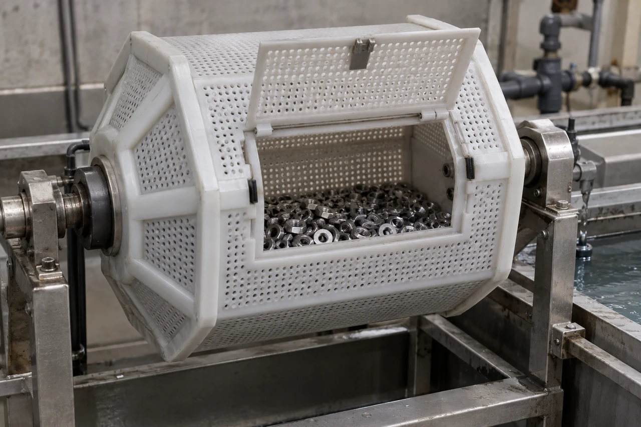 Illustrative photograph of a perforated plating barrel with small metal fasteners