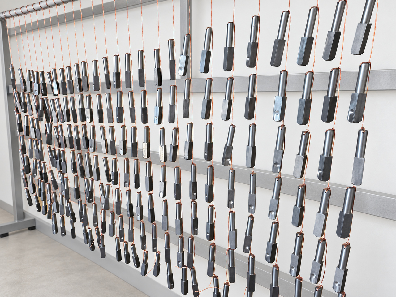 Metal components suspended individually on a plating rack